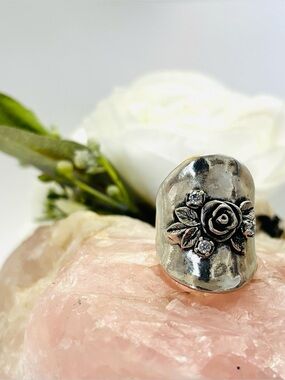 Sterling Silver CZ Rose Flower Wide Band Saddle Size 7.5